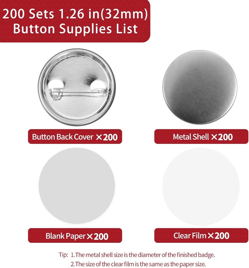 Onemorello 200 Sets Button Maker Supplies, 32mm / 1.26 inch Button Supplies Buttons Parts, (Approx. 1.25 inch) Metal Blank Badge Parts with Blank Paper for Buttons Maker Machine Pin Maker Press - Image 2